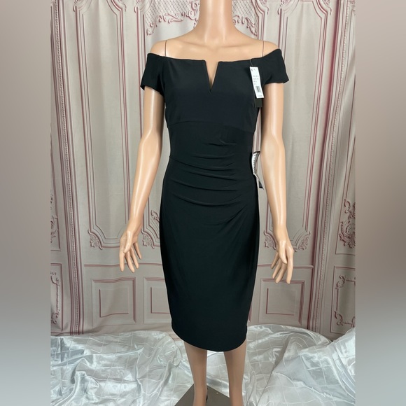 XSCAPE Womens Black Notched Neckline Short Sleeve Off Sheath Dress 6 Small NEW - Picture 3 of 15